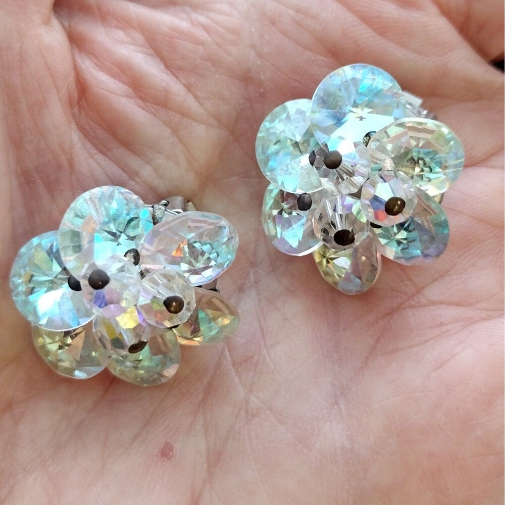 Vintage Aurora Borealis Cluster Clip On Earrings